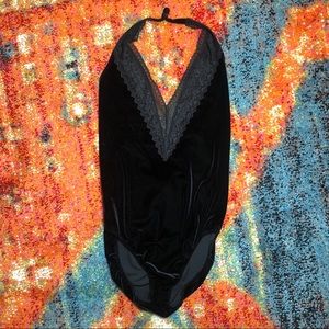 Forever 21 Black Velvet and Lace Deep V Body Suit